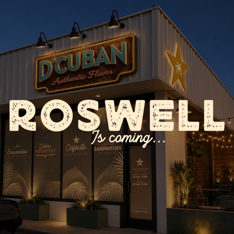 D'Cuban restaurant exterior at night, with "ROSWELL Is coming..." overlay announcing a new location.